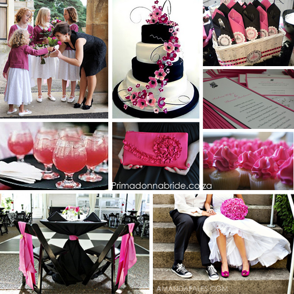 hot pink black and white wedding cakes. Credits: Flowergirls, Wedding