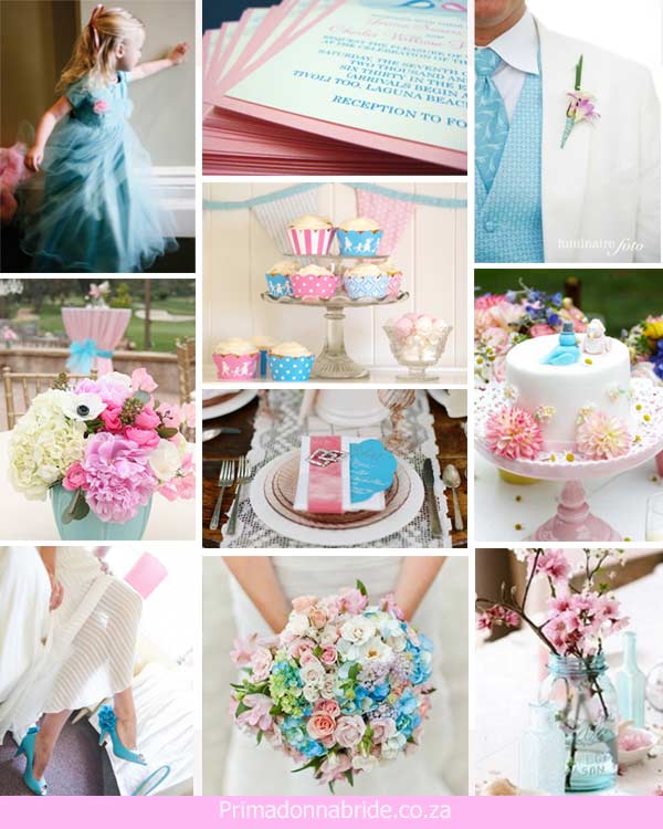 Pink and blue wedding inspiration board Credits Flowergirl Invitations