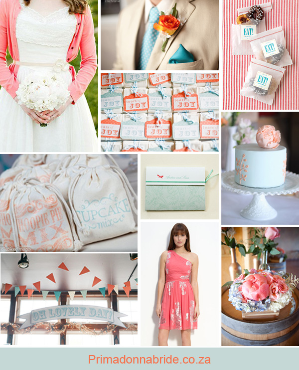 Coral and aqua wedding inspiration Credits Bride in coral cardigan groom 